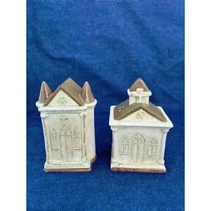 Vintage Church Temple Religion Ceramic Salt & Pepper Shakers With Stand